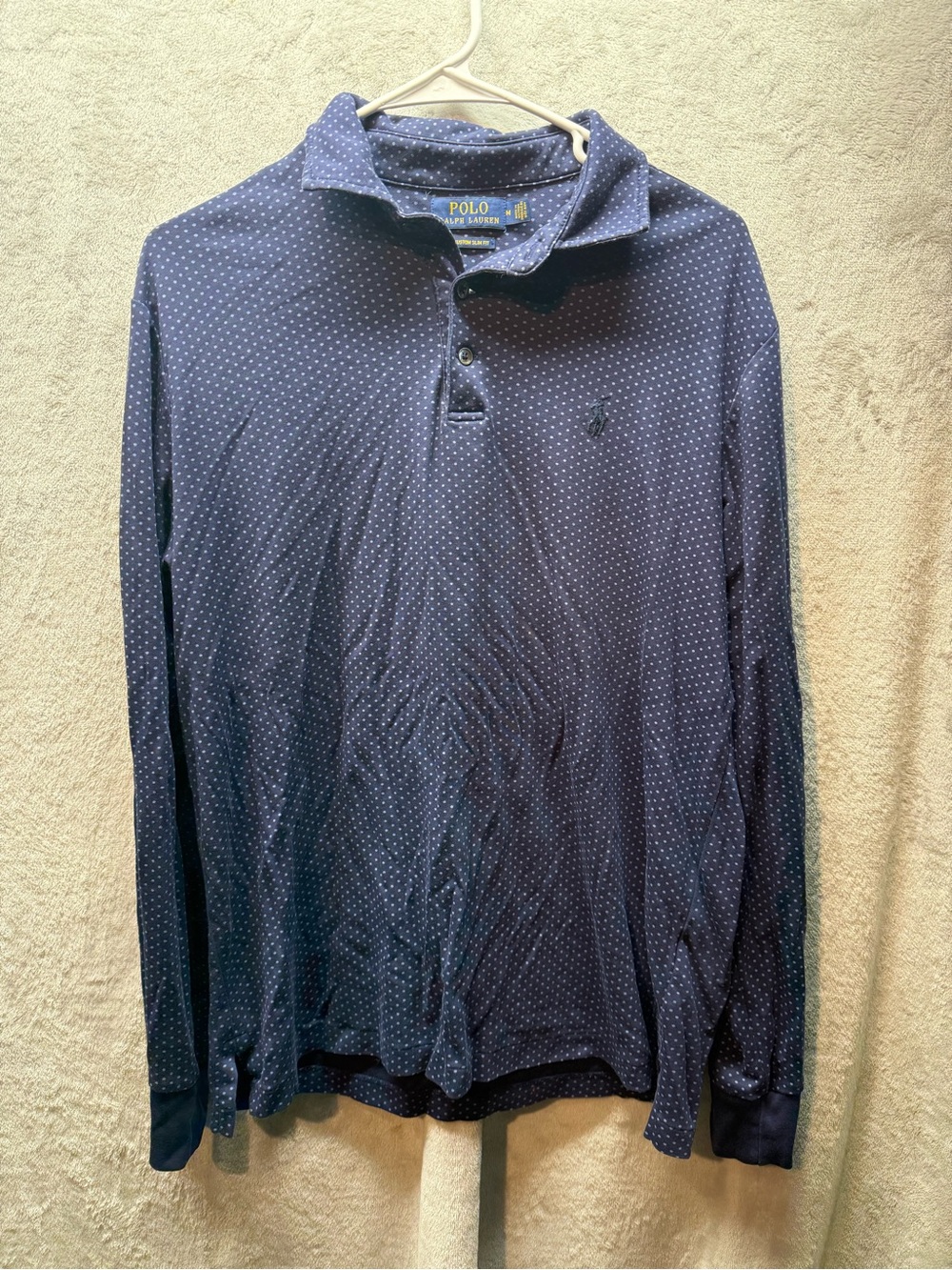 Ralph Lauren Navy Blue Long-Sleeve Polo with White Micro Dot Print